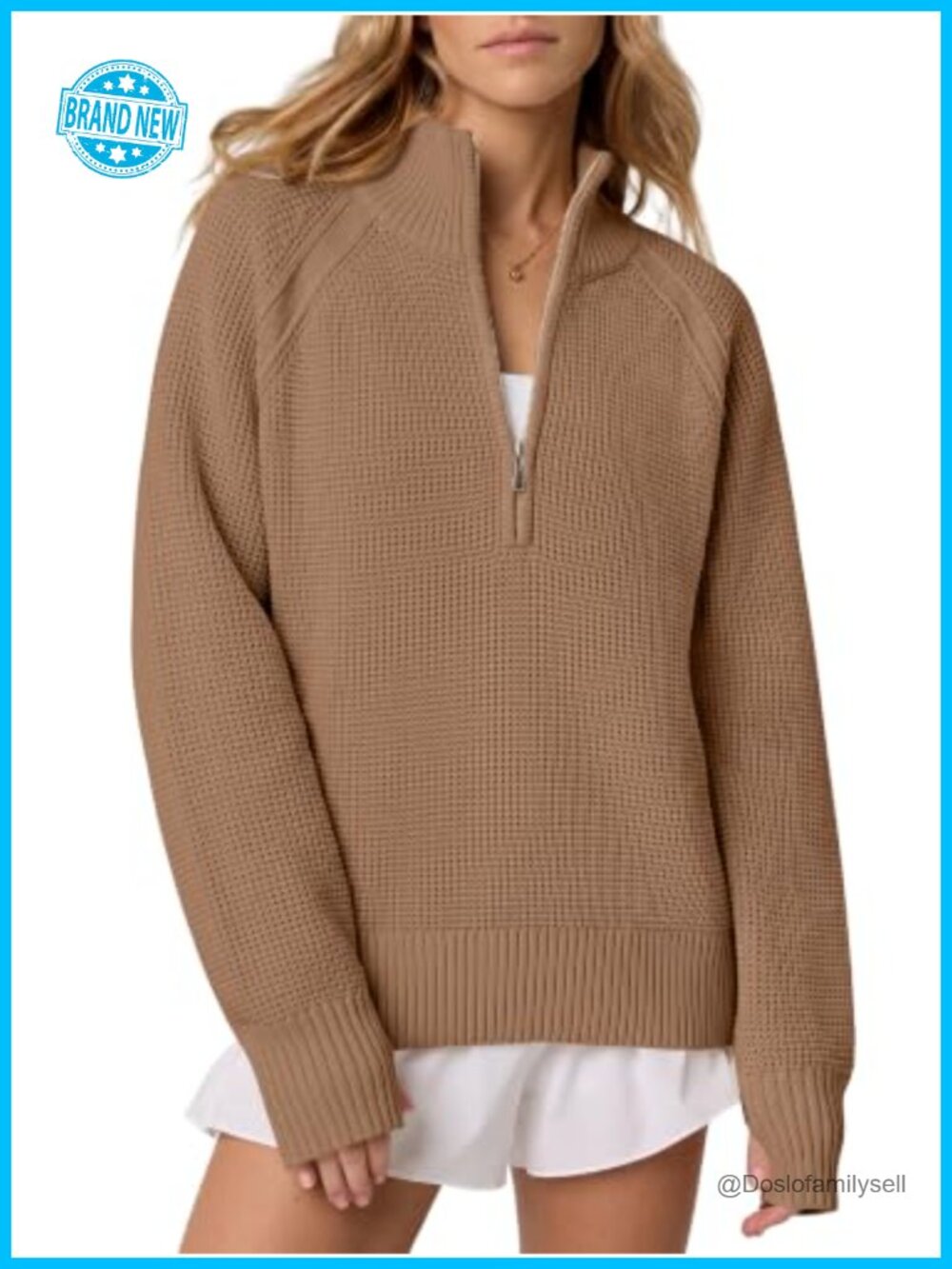 Waffle Knit Quarter Zip Pullover Sweater with Thumb Holes